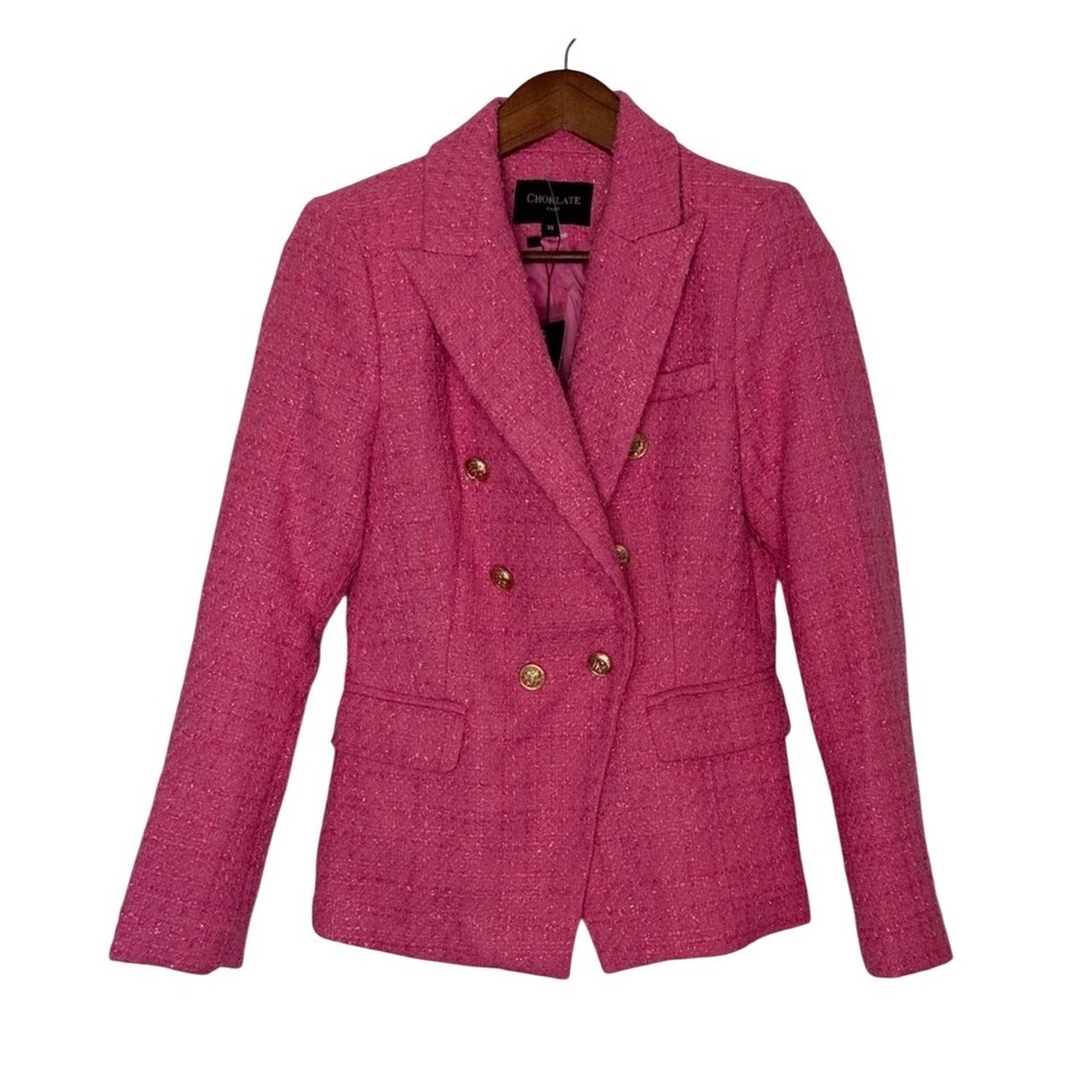 Choklate Paris Pink Tweed Double Breasted Blazer Gold Buttons NWT Size 36